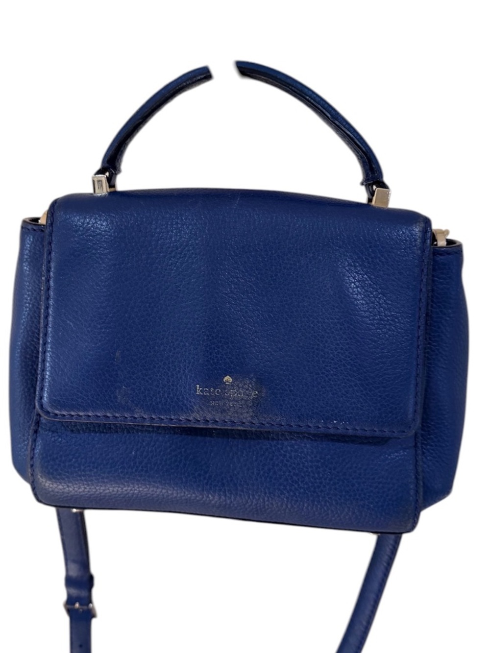 Kate Spade Blue Pebbled Leather Flap Satchel Crossbody Gold Floral